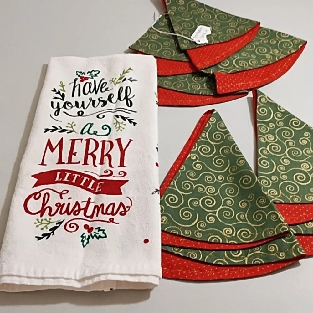 Tea Towel & 4 Handcrafted Napkins Folded into Christmas Tree's Gold Stitching